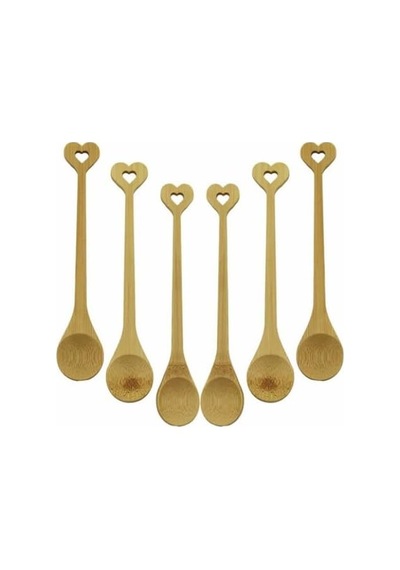 Ahşap Bambu Çay Kaşığı Seti, 6 Parça, Yuvarlak Ve Kalp Figür Saplı