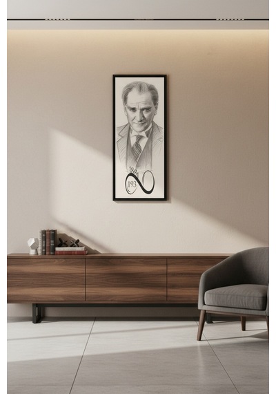 Atatürk Karakalem Portre Tablo 60x25 Cm Çerçeveli Siyah Çerçeve Modern & Klasik Duvar Dekoru