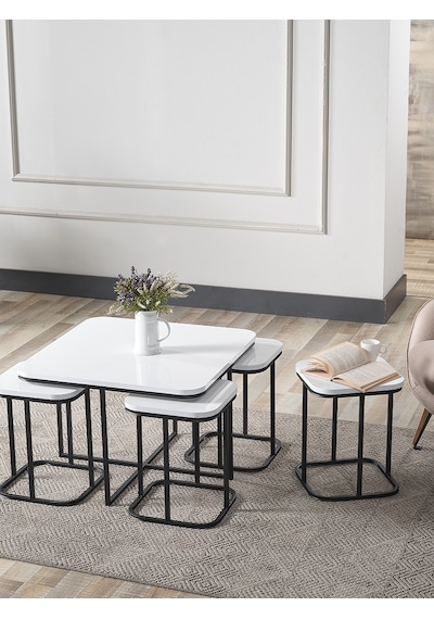 Pelikan 4+1 Beyaz Ahşap Siyah Metal Ayak Takım Sehpa Sedaş Living Units Sehpa