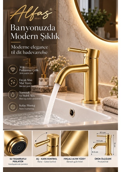 Alfas Lavabo Bataryası Mat Gold Fırçalı Altın 304 Paslanmaz Çelik Aç Kapa Banyo Bataryası Uzun Gaga