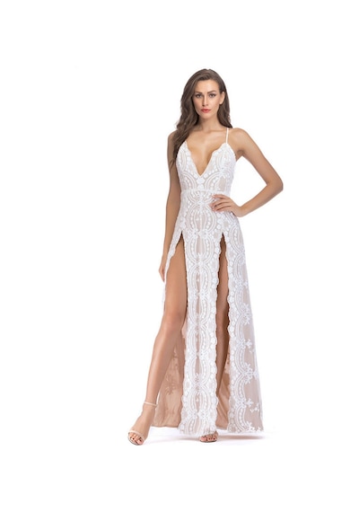 Fashion Cocktail Çift Çok Derin Yırtmaçlı Payetli Abiye Uzun Maxi Elbise Beyaz