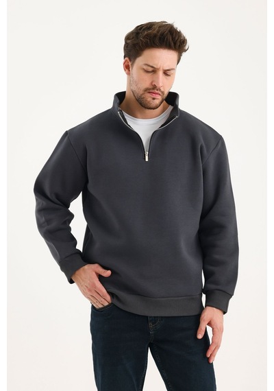 Genius Store Unisex Sweatshirt Rahat Kesim Pamuklu Içi Polarlı Yarım Fermuarlı Dik Yaka Sweatshirt Füme