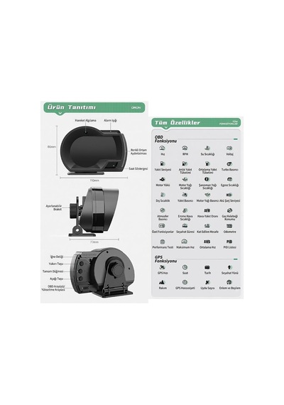 Tr A520 Obd2 + Gps Head Up Display Hud, Dijital Hız Göstergesi, Rpm & Sıcaklık & Basınç Takip, Hız Alarmı, Siya