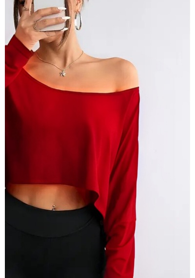 Kadın Düşük Omuz Kayık Yaka Oversize Uzun Kollu Crop T-shirt Kırmızı