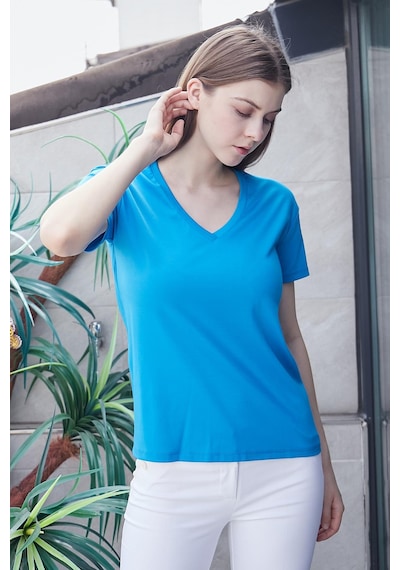 Jument Kadın V Yaka Kısa Kol Likralı Span Kumaş Şık T-shirt Bluz-mavi Mavi