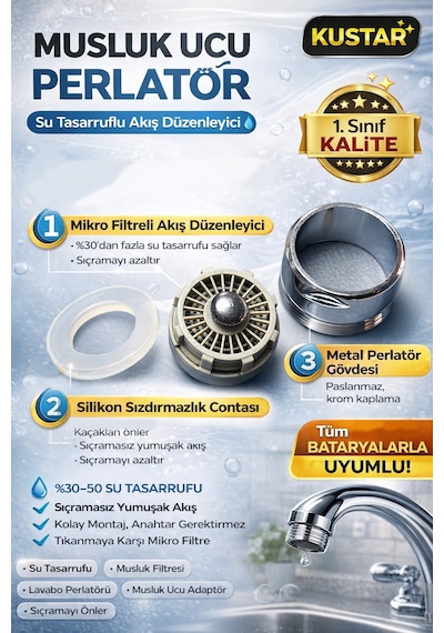 Aç-kapa Musluk Ucu Su Tasarruf Aparatı Musluk Filtresi Lavabo Musluk Süzgeci Dış Dişli 23,7mm Krom