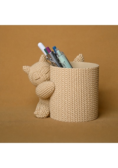 3d Baskı Knitted Kalemlik - Sevimli Karakterli Masaüstü Kalem Organizeri-bej Çok Renkli