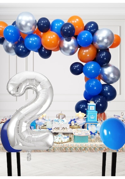 2 Yaş Kozmik Temalı Doğum Günü Seti Kozmik Mavi Turuncu Gümüş Mavi Balonlar Gümüş Folyo Rakam Çok Renkli