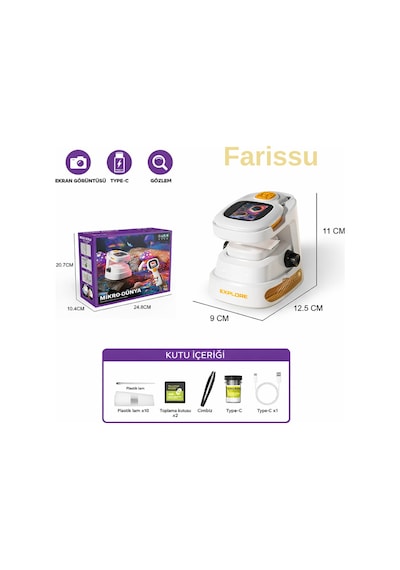 Çocuklar İçin Dijital Mikroskop 1000x Hd Ekranlı, Led Işıklı, Type-c Şarjlı Eğitim Seti