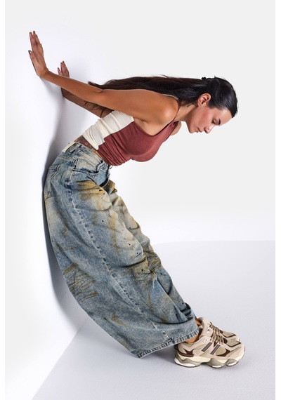 Kadın Kot Rengi Palazzo Fit T14t Özel Yıkama Tasarım Denim Jean Mavi