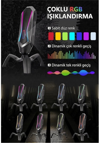 Podcast Yayıncı Mikrofonu Tak Çalıştır 7 Renk Rgb Işıklı Gürültü Engelleyici Kardioid Alıcı Mikrofon