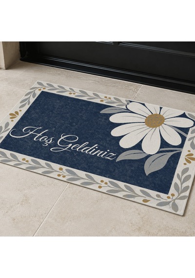 Kartela Halı Hoş Geldiniz Yazılı Papatyalı Kapı Paspası Lacivert Kaymaz Kauçuk Taban 60x90 Cm