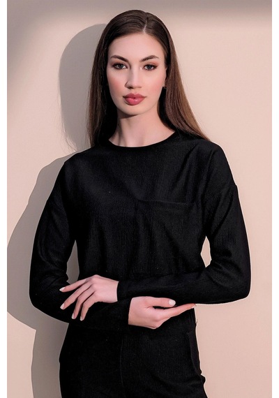 WeShaya Kadın Siyah Kendinden Dokulu Cepli Crop Sweatshirt, Salaş Kesim Siyah