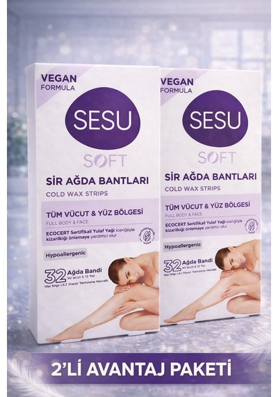 Sesu Soft Sir Ağda Bantları 32 Adet Vegan Formula Tüm Vücut Ve Yüz İçin Soğuk Ağda Bandı 2'li Paket