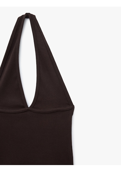 Koton Pamuklu Dikiş Detaylı Kolsuz Slim Fit Crop Halter Yaka Bluz Kahverengi 6sal30272ık Kahve