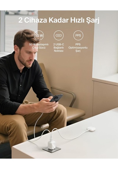 Belkin 2 Bağlantı Noktalı Usb-c Şarj Cihazı 50 W, 2x Usb-c Çift B