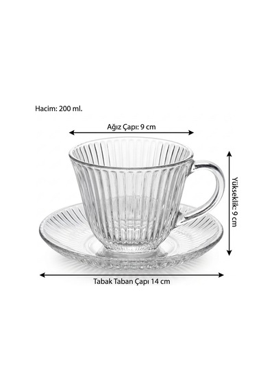 Kristal Çizgi Desen 6 Kişilik Tabaklı Lüks Cam Çay Fincan Takımı - 200 Ml. Şeffaf