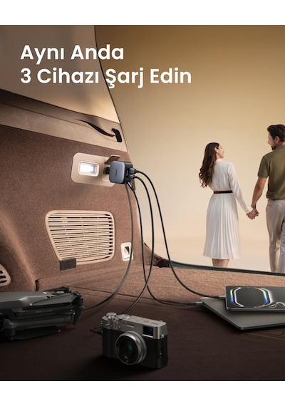 Ugreen 145w Usb-c Makaralı Dahili Kablolu Hızlı Araç Çakmaklık Şarj Cihazı, 2x Usb-c, 1x Usb-a Port, 55910b