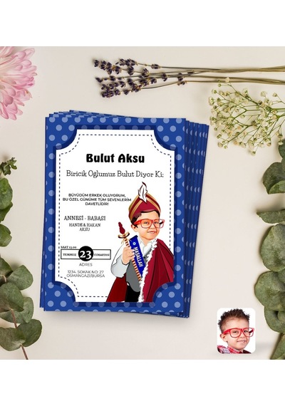 Bitmeyenkartus Kişiye Özel Karikatürlü Sünnet Düğün Davetiyesi Model 2 (100 Adet