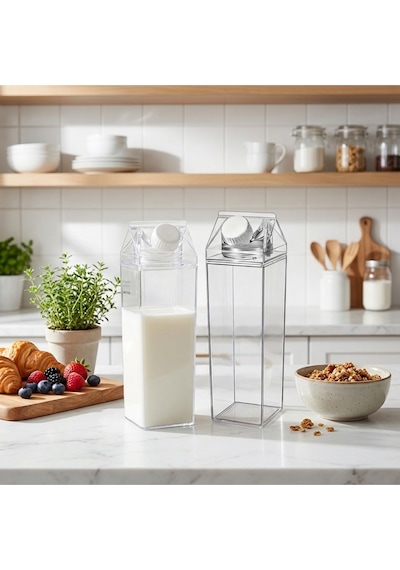 4 Lü Set 1000 Ml Şeffaf Süt Kutusu Tasarımlı Akrilik Matara - Buzdolabı İçi Düzenleyici Şişe