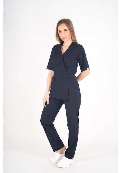 Lacivert Elegant Model Cerrahi Üniforma Belden Bağlamalı Scrubs Takım Lacivert