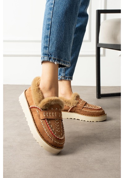 Shoetek Liyi Kadın Kısa İçi Kürklü Hafif Tabanlı Taba Süet Taba