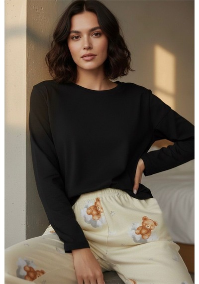 Siyah İnci Pamuklu Örme Pijama Takım 7975 Krem Ayıcık