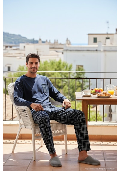 Buratti Ekoseli Cepli Beli Lastikli % 100 Pamuk Regular Fit Erkek Pijama Takımı 6572001 Lacivert-Yeşil