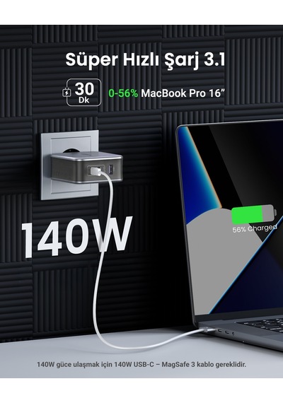 Ugreen Nexode Air Gan 140w Hızlı Şarj Cihazı 4 Portlu Pd Qc 3xusb-c, 1xusb-a, Gri, 45575