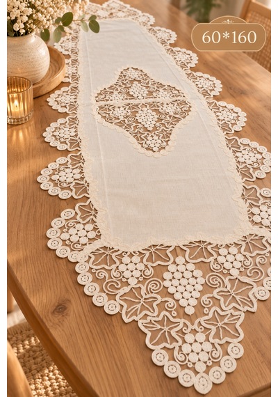 Fransız Dantelli 60x160 Ebat Keten Gardenya Lüx Güpürlü Runner Krem