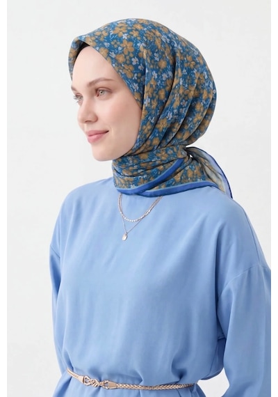 Silk Home Mini Floral Desen Soft Pamuk Eşarp Mavi