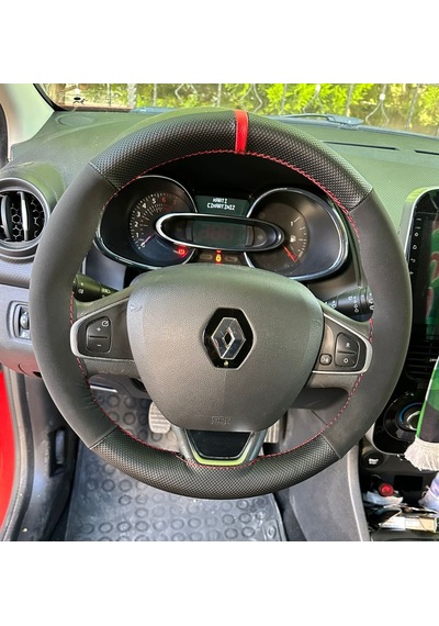 Dikişli Direksiyon Kılıfı Noktalı / Nubuk Deri Kırmızı Yüzük Kırmızı Dikişli Renault Clio 4 İçin Kırmızı