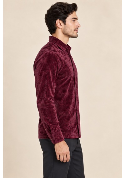Tarz Cool Erkek Parlak Kadife Uzun Kollu Regular Fit Gömlek Bordo