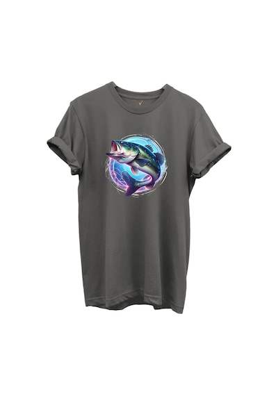 Renkli Neon Balık Desenli %100 Pamuk Regular Fit Unisex T-shirt Gri