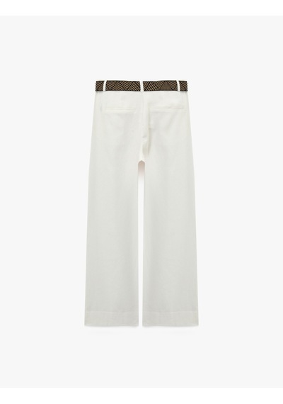 Koton Cepli Geometrik Desenli Kemer Detaylı Geniş Paça Keten Pantolon Beyaz 6sak40067pw