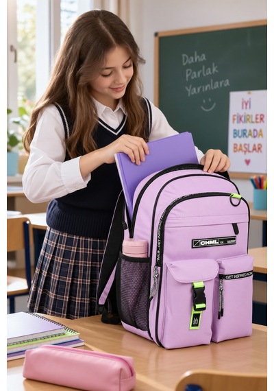Okul Sırt Çantası Açık Pembe 3 Bölmeli Ortopedik Matara Cepli 42x27x16cm Çok Renkli