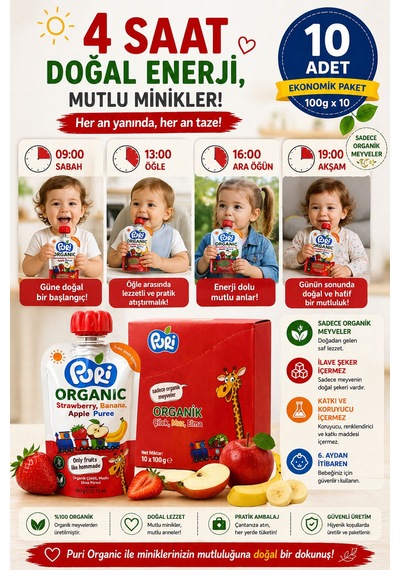 Organic Çilekli, Muzlu Elma Püresi 100 G x 10 %100 Organik İlave Şekersiz 10'lu Paket