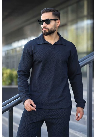 Mfz Giyim Petekli Alt Üst Pantolon Ve Patlı Yakalı Erkrk Sweat Takımı Lacivert