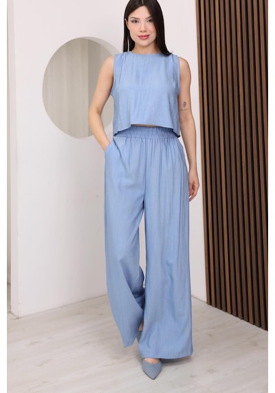 Famoda Mavi Sırtı Çapraz Bağcıklı Crop Bluz & Yüksek Bel Palazzo Pantolon Alt Üst Takım