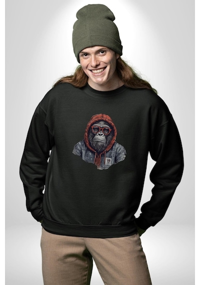 Kırmızı Gözlük Çeket Maymun Unisex Siyah Baskılı Sweatshirt Siyah