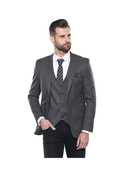 Düz Gri Slim Fit Yelek Ceket Set Wessi 001