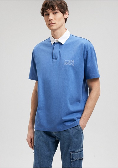 Baskılı Polo Tişört Loose Fit / Bol Rahat Kesim 0612049-70872 Mavi-70872