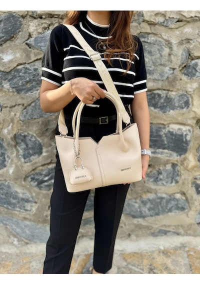 Just Polo Kadın Orijinal Just Polo Yumuşak Deri Ayarlanabilir Askılı Lüks El Ve Omuz Çantası Shoulder Bag Krem