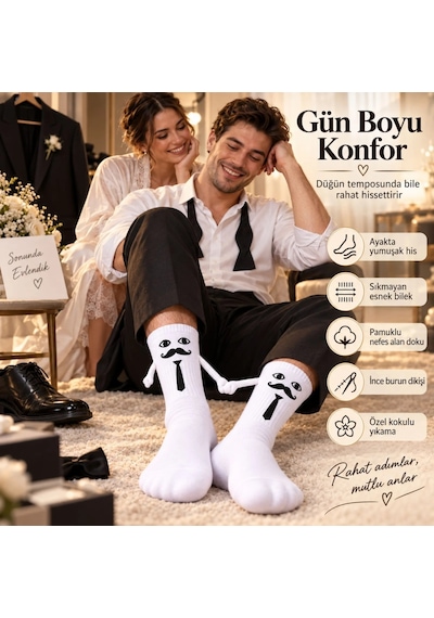 Womanandkids Wak Mıknatıslı Damat Çorabı Erkek Beyaz Bıyık Kravat El Ele Tutuşan Düğün Çeyiz Bohça Eğlenceli Çora