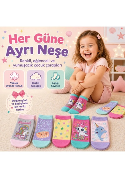 Womanandkids Wak 5 Li Kız Çocuk Çorap Seti Deniz Kızı Unicorn Desenli Pamuklu Rahat Burunlu Renkli Çok Renkli