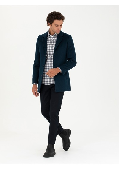 Cacharel Petrol Mavisi Yün Karışımlı Ex. Slim Fit Palto
