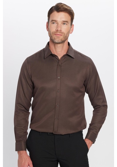 Tudors Modern Slim Fit Uzun Kollu Pamuklu Kolay Ütü Armürlü Erkek Kahve Gömlek-25752 Kahverengi