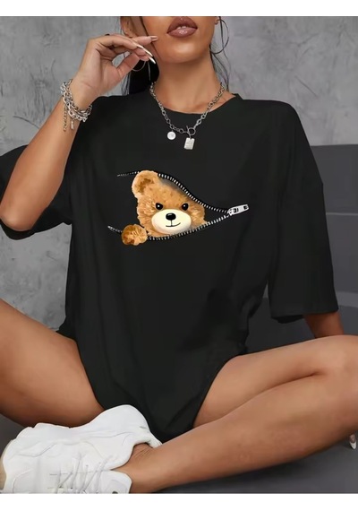 Flood Of Style Kadın Siyah Fermuar Ayı Baskılı Oversize