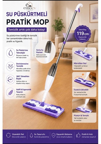 Su Püskürtmeli Sprey Mop Hazneli Mikrofiber Mutfak Ve Parke Temizlik Paspası