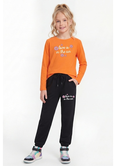 Panios Kids 3'lü Yuvarlak Yaka Sweatshirt Siyah Eşofmanlı Baskı Detaylı 6 Parça Kız Çocuk Alt Üst Takım Siyah - Turuncu